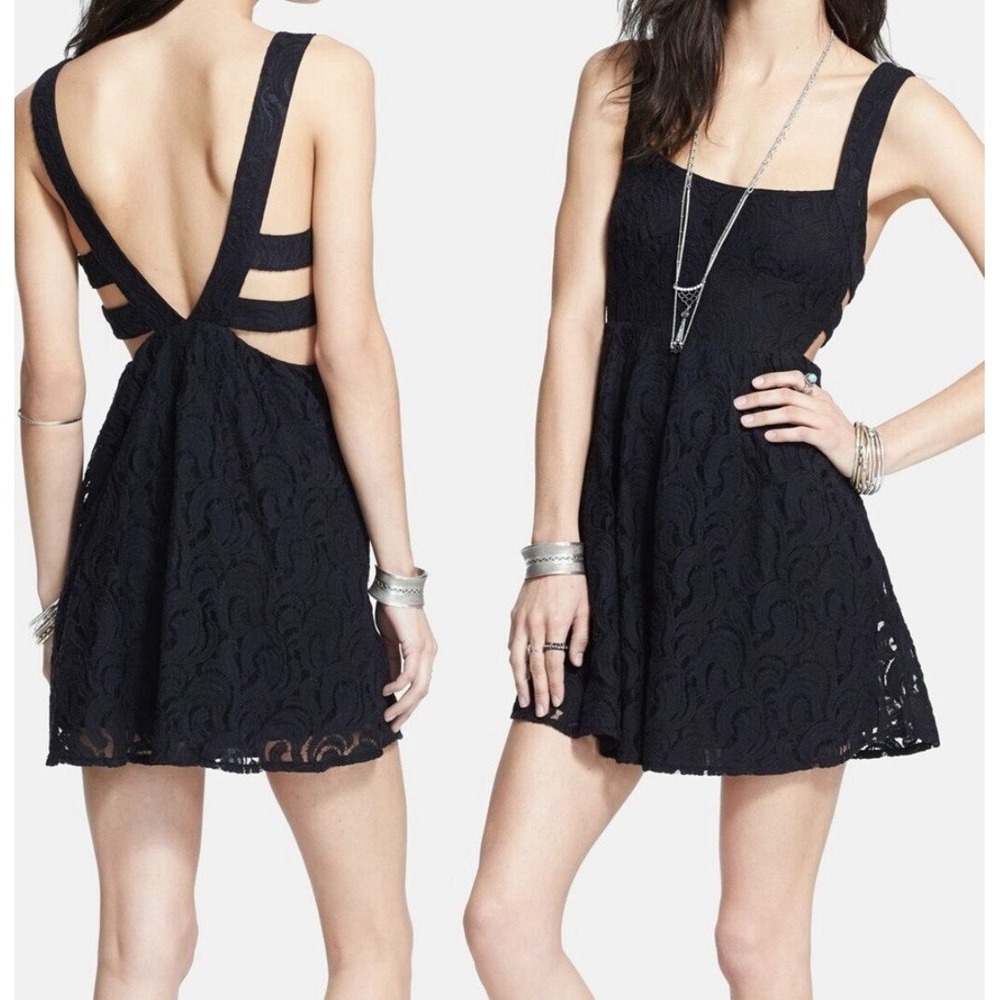 Free People Lace Dress Womens Sz 6 Black Turn back Time Mini New Goth